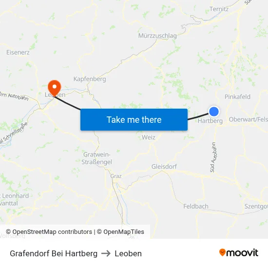 Grafendorf Bei Hartberg to Leoben map