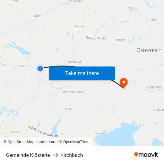 Gemeinde Klösterle to Kirchbach map