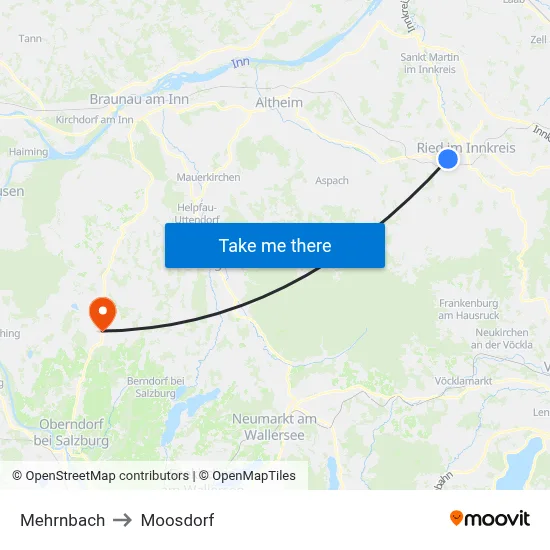 Mehrnbach to Moosdorf map
