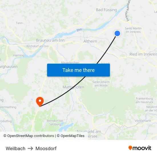 Weilbach to Moosdorf map
