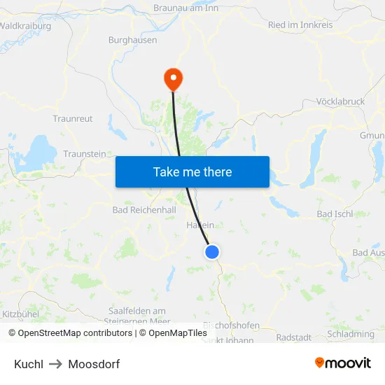 Kuchl to Moosdorf map