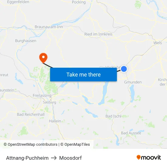 Attnang-Puchheim to Moosdorf map