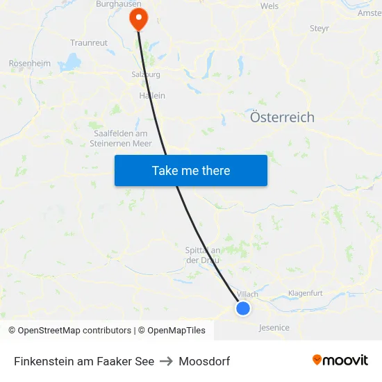 Finkenstein am Faaker See to Moosdorf map