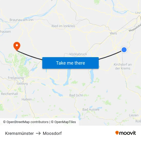 Kremsmünster to Moosdorf map