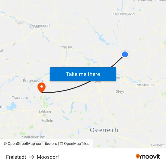 Freistadt to Moosdorf map