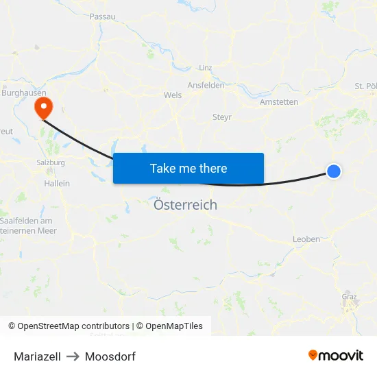 Mariazell to Moosdorf map