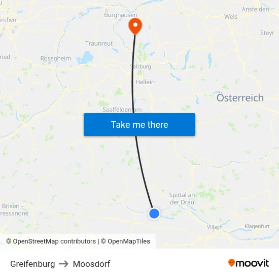 Greifenburg to Moosdorf map