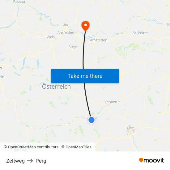 Zeltweg to Perg map