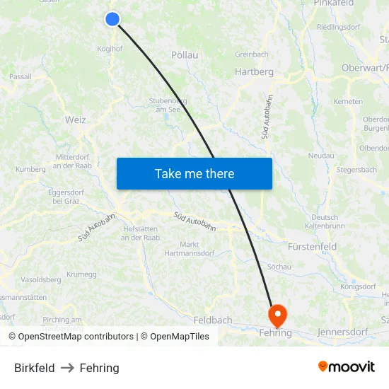 Birkfeld to Fehring map