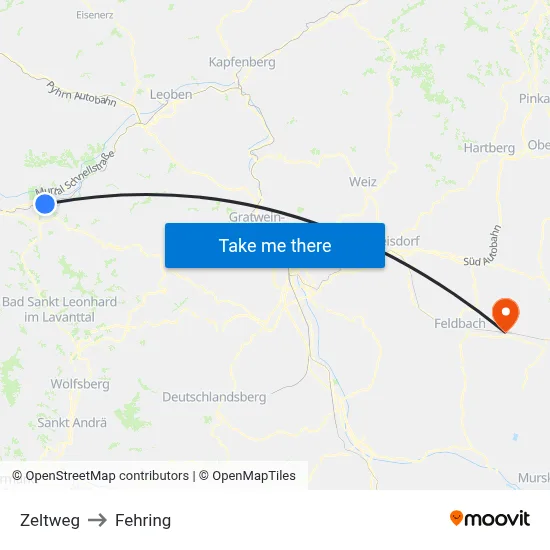 Zeltweg to Fehring map
