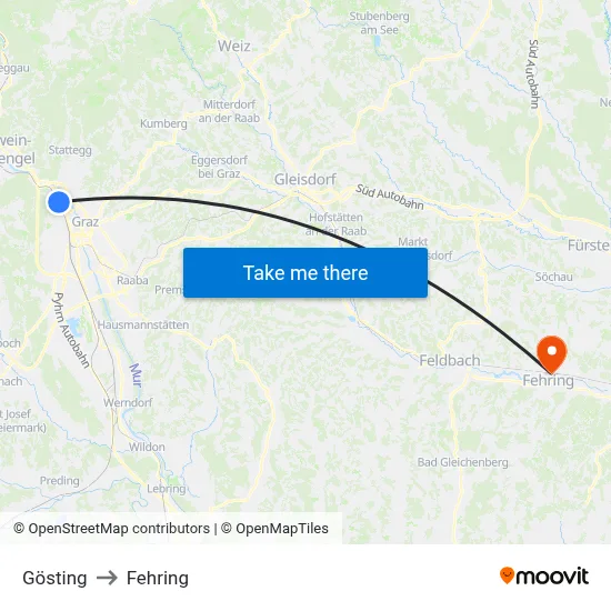 Gösting to Fehring map