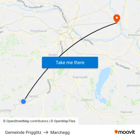 Gemeinde Prigglitz to Marchegg map
