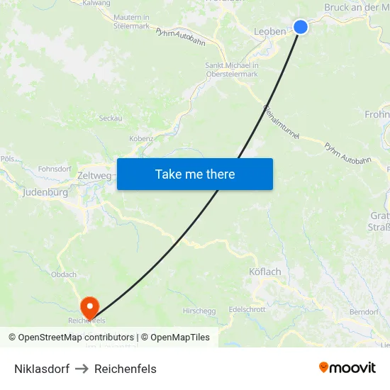 Niklasdorf to Reichenfels map