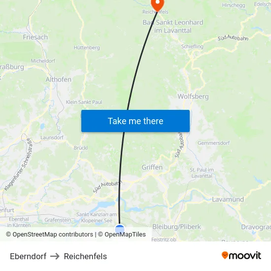 Eberndorf to Reichenfels map