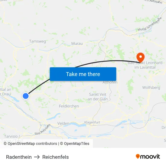 Radenthein to Reichenfels map