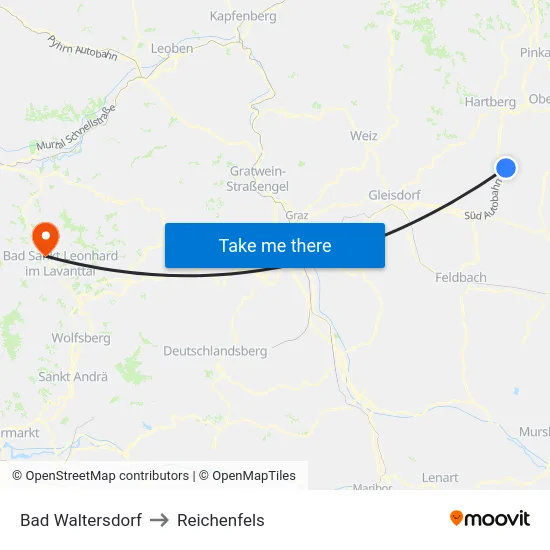 Bad Waltersdorf to Reichenfels map