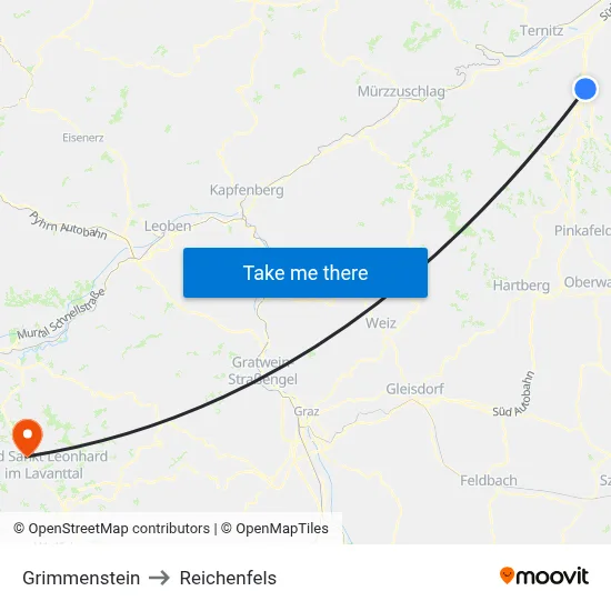 Grimmenstein to Reichenfels map