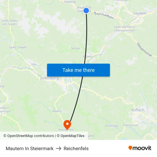 Mautern In Steiermark to Reichenfels map