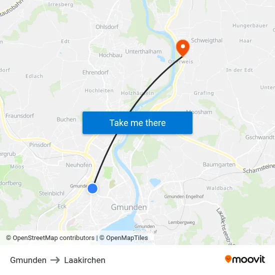 Gmunden to Laakirchen map