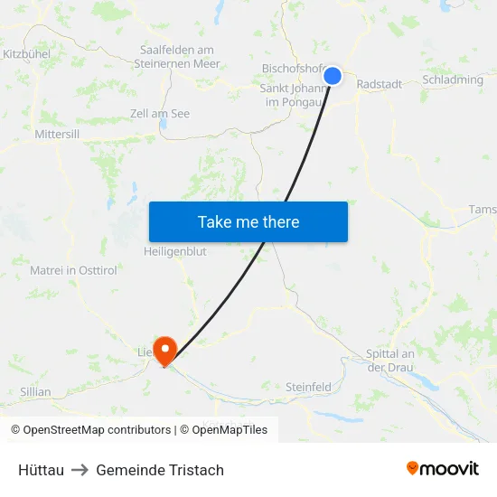 Hüttau to Gemeinde Tristach map