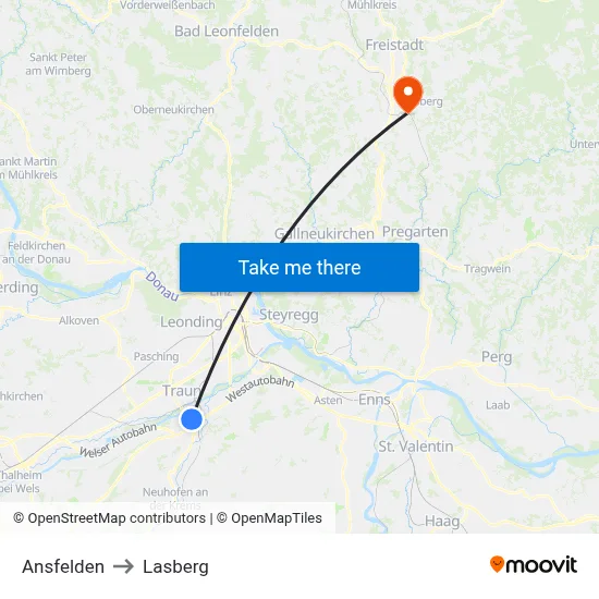 Ansfelden to Lasberg map