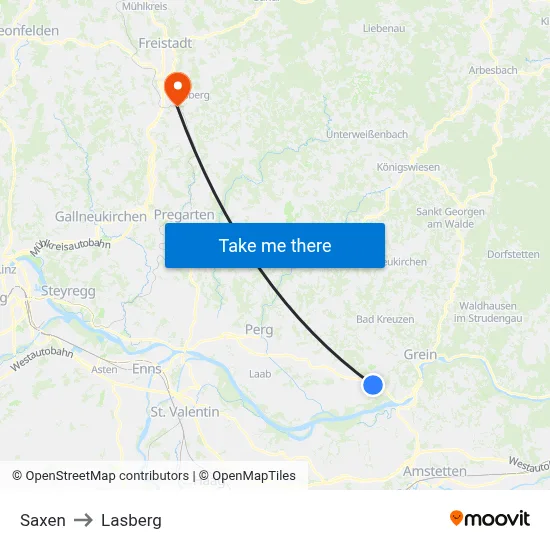 Saxen to Lasberg map