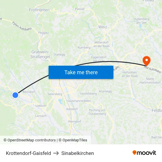 Krottendorf-Gaisfeld to Sinabelkirchen map