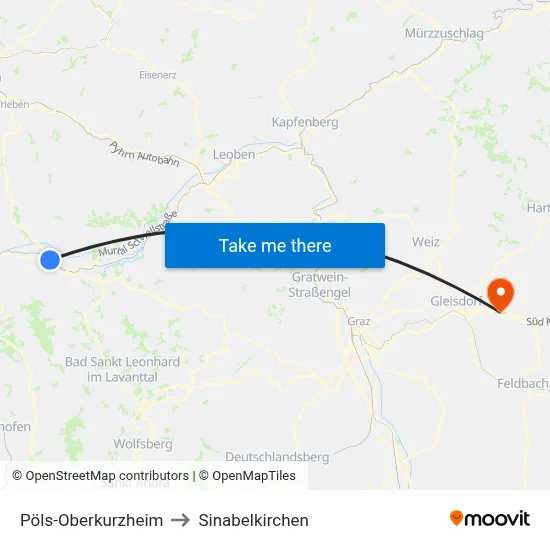 Pöls-Oberkurzheim to Sinabelkirchen map