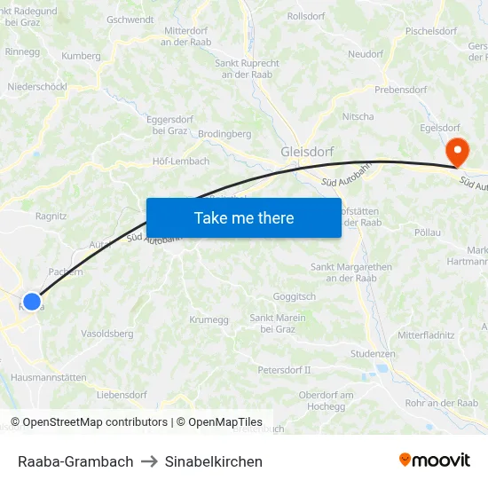 Raaba-Grambach to Sinabelkirchen map