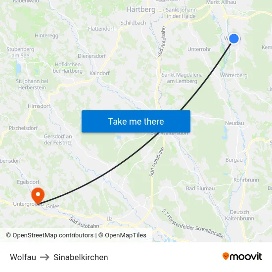 Wolfau to Sinabelkirchen map