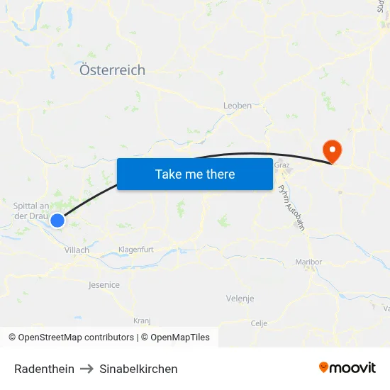 Radenthein to Sinabelkirchen map