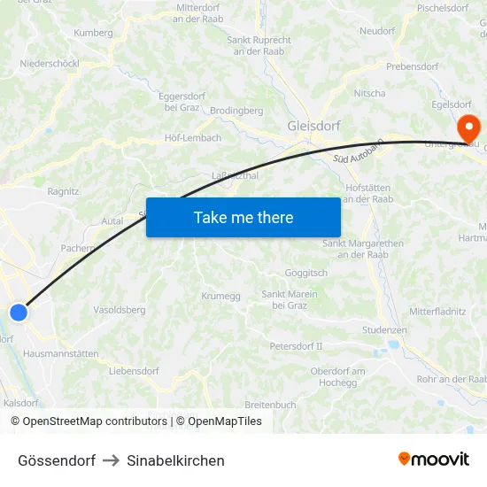 Gössendorf to Sinabelkirchen map
