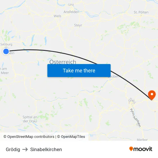 Grödig to Sinabelkirchen map