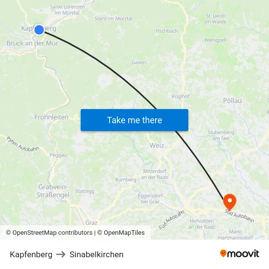 Kapfenberg to Sinabelkirchen map