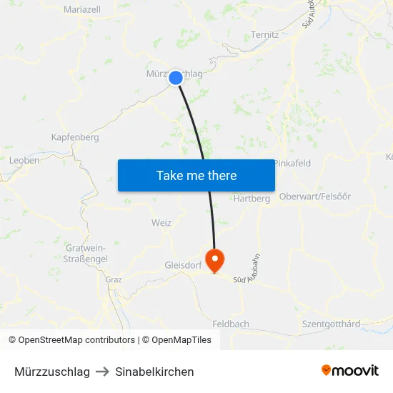 Mürzzuschlag to Sinabelkirchen map