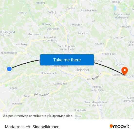 Mariatrost to Sinabelkirchen map