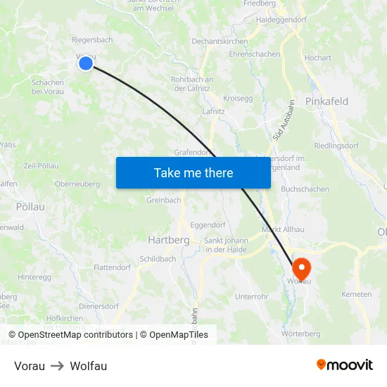 Vorau to Wolfau map