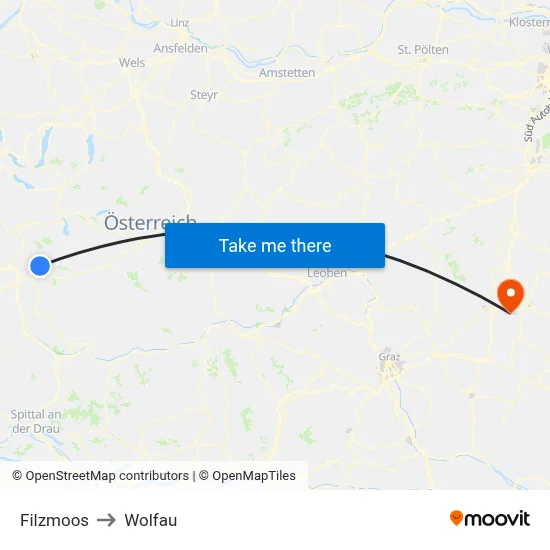 Filzmoos to Wolfau map