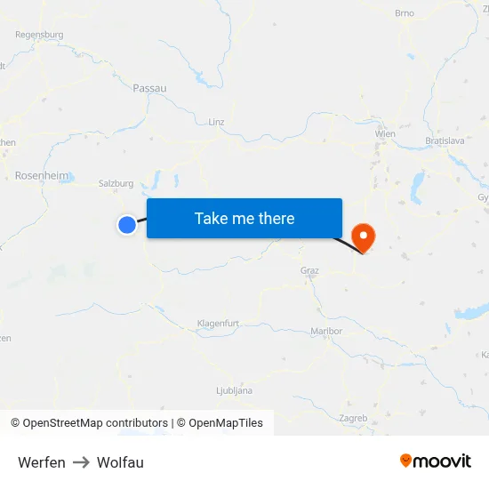 Werfen to Wolfau map