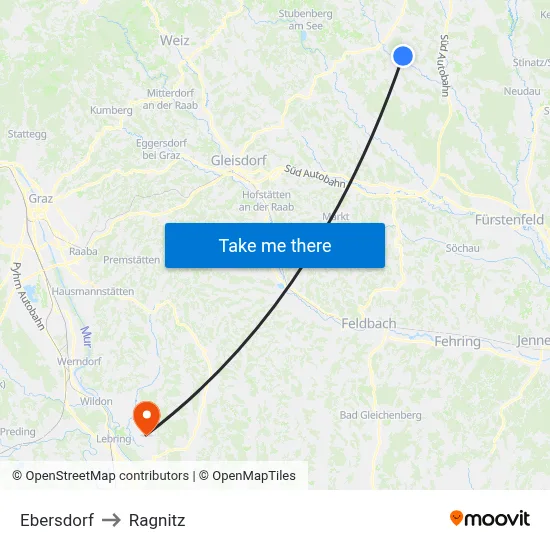 Ebersdorf to Ragnitz map