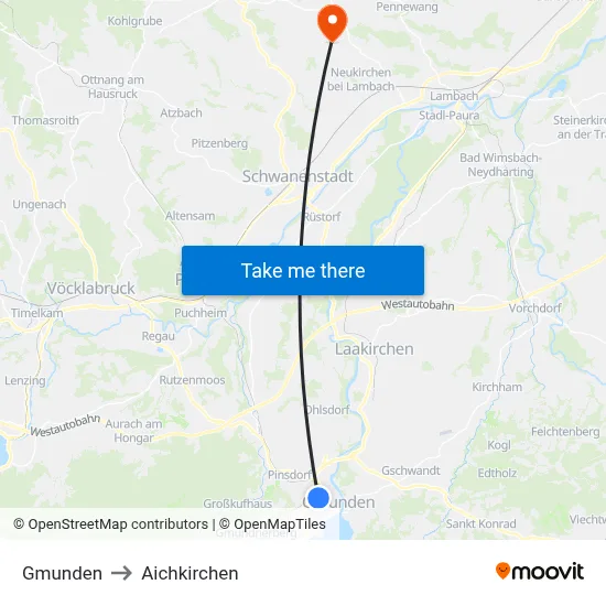 Gmunden to Aichkirchen map