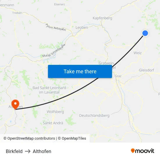 Birkfeld to Althofen map