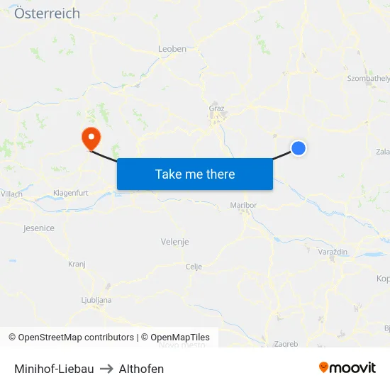 Minihof-Liebau to Althofen map
