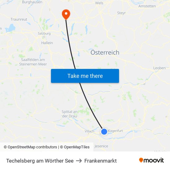 Techelsberg am Wörther See to Frankenmarkt map