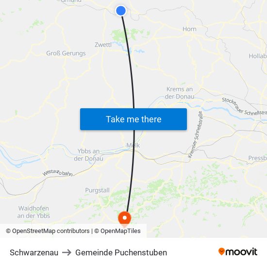 Schwarzenau to Gemeinde Puchenstuben map