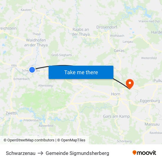 Schwarzenau to Gemeinde Sigmundsherberg map