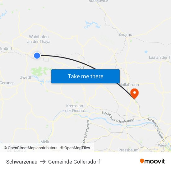 Schwarzenau to Gemeinde Göllersdorf map