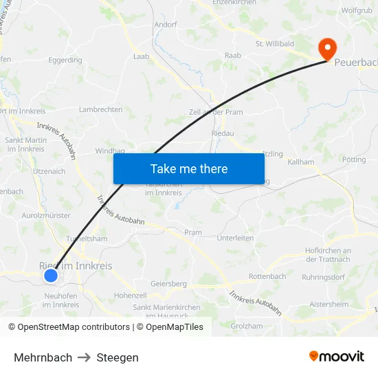 Mehrnbach to Steegen map