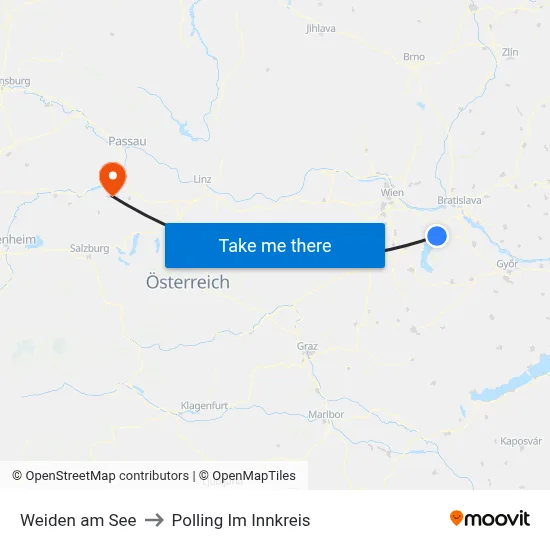 Weiden am See to Polling Im Innkreis map
