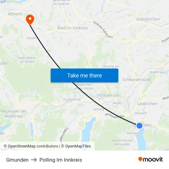 Gmunden to Polling Im Innkreis map